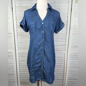 GUESS Denim Chambray Short Sleeve Button Front Shirt Dress Blue-Medium